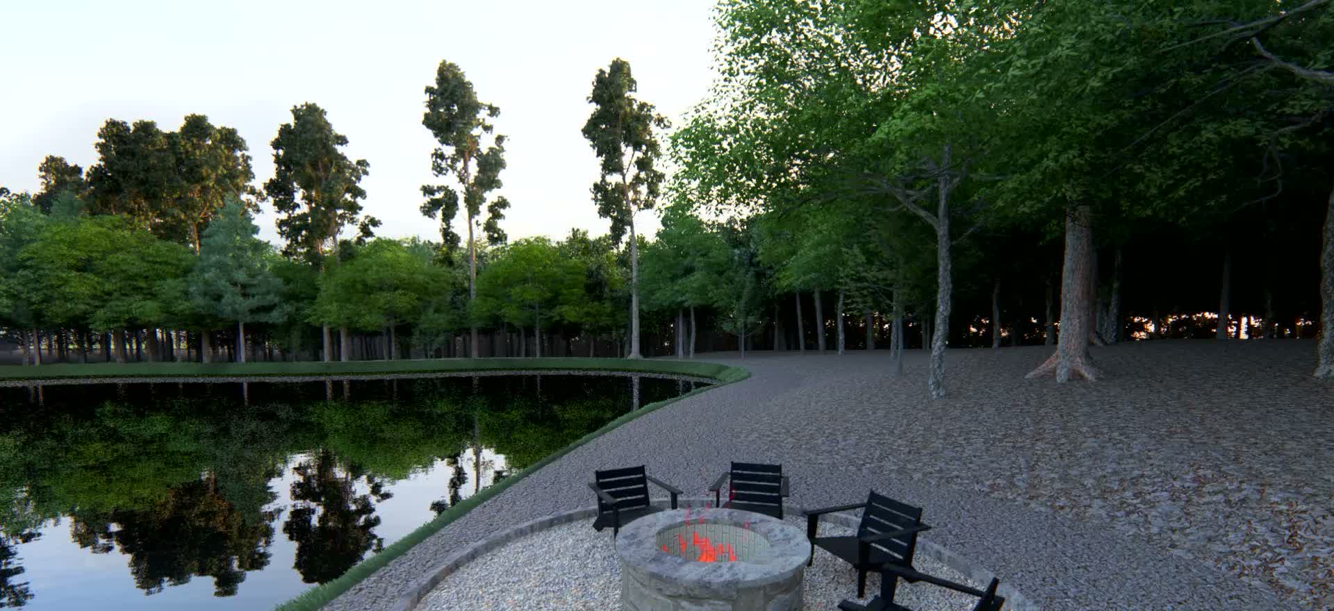 Fire pit clearing beside a reflecting pond at a proposed Central Alabama estate