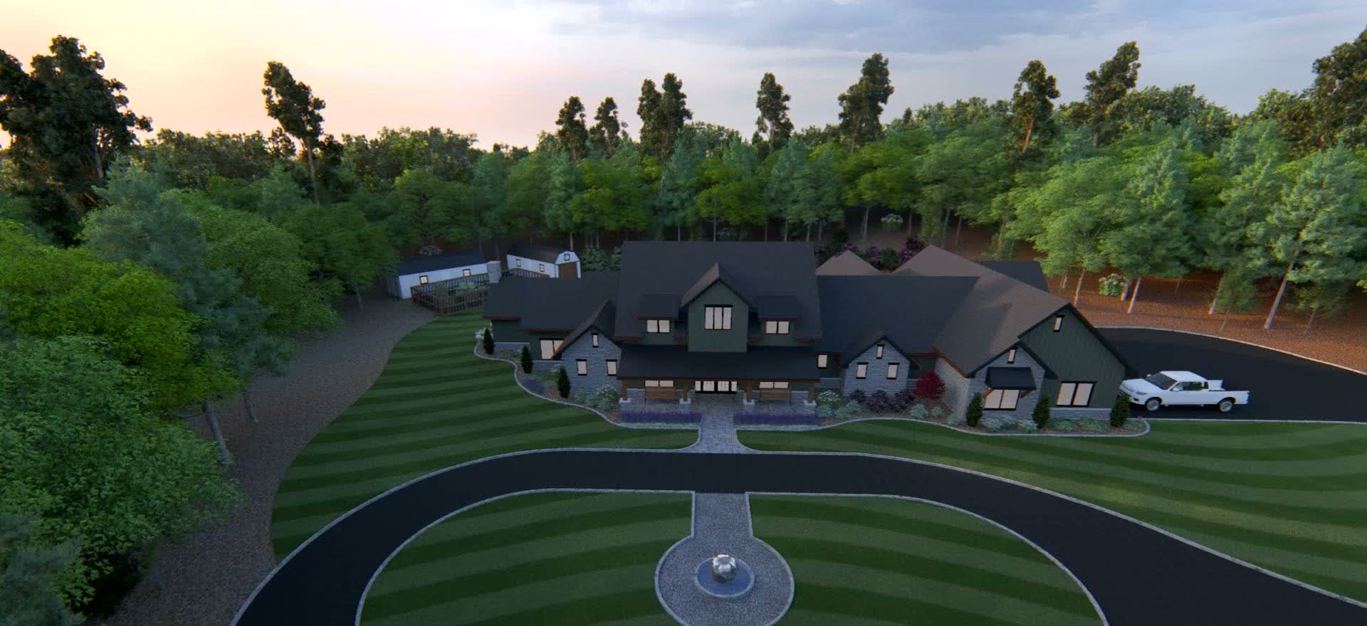 Elevated aerial view of a proposed Central Alabama estate residence and circular drive