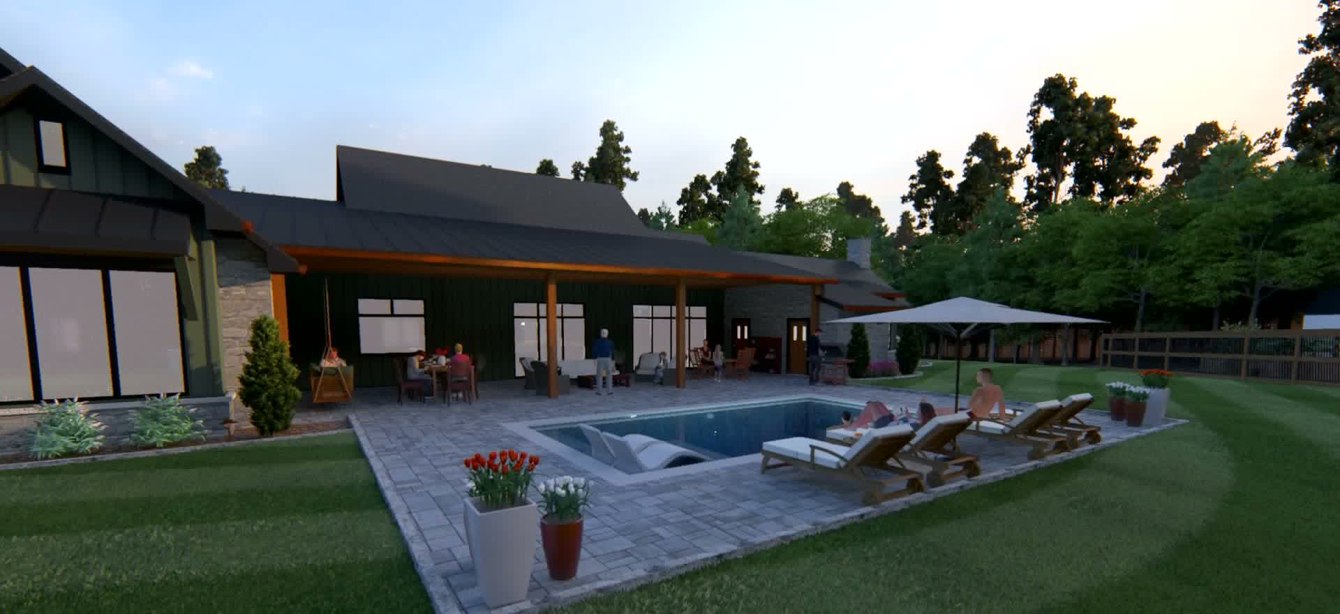 Pool and covered patio with outdoor living furniture at a proposed Central Alabama estate