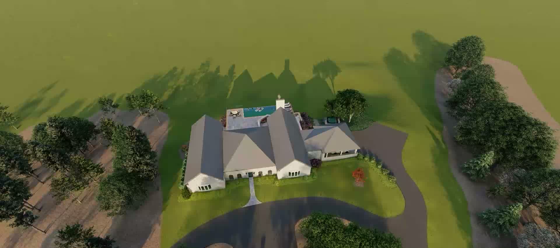 Aerial view of a proposed evening manor residence and pool