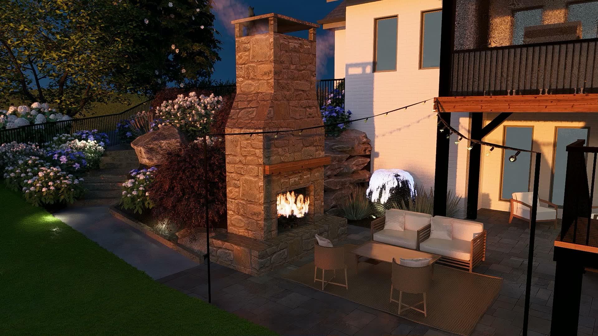 Outdoor stone fireplace and lounge seating at a proposed garden retreat