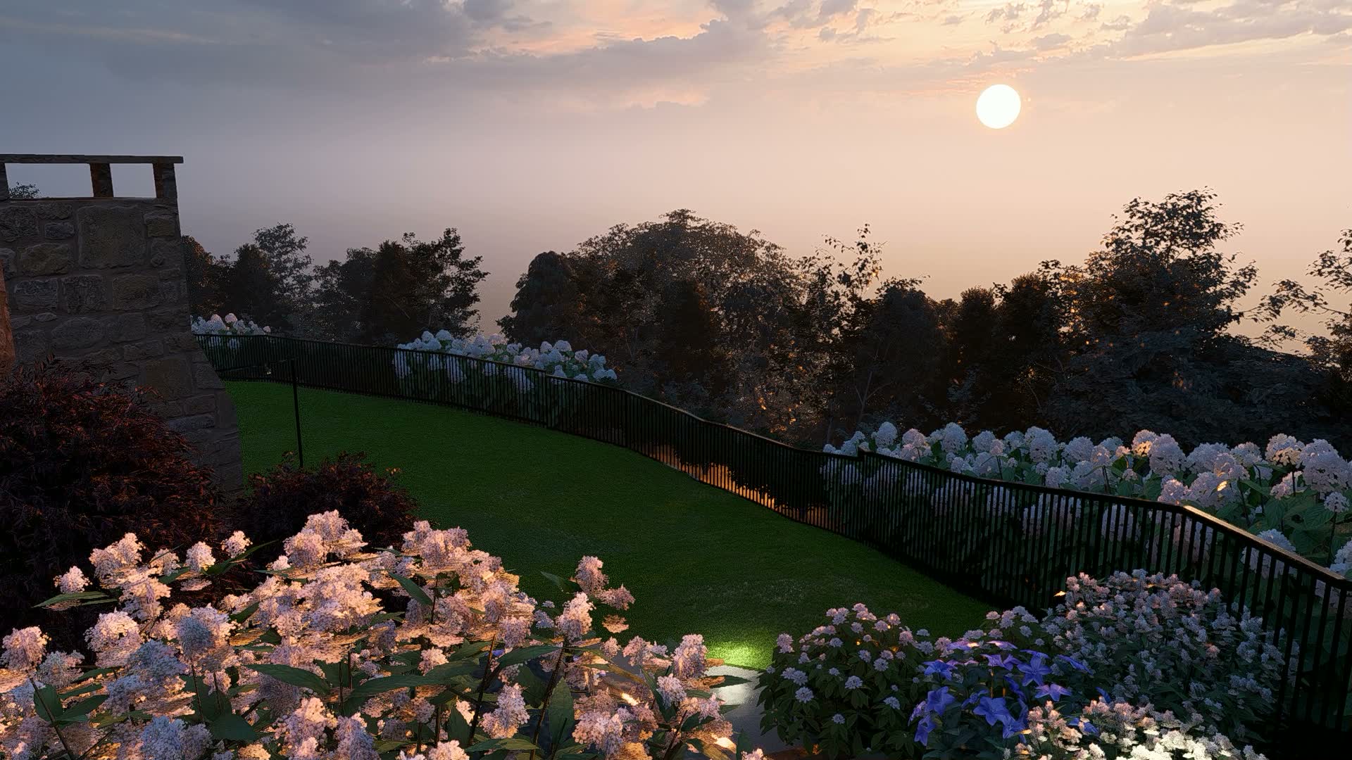 Garden clearing with wrought iron fence at dusk at a proposed garden retreat