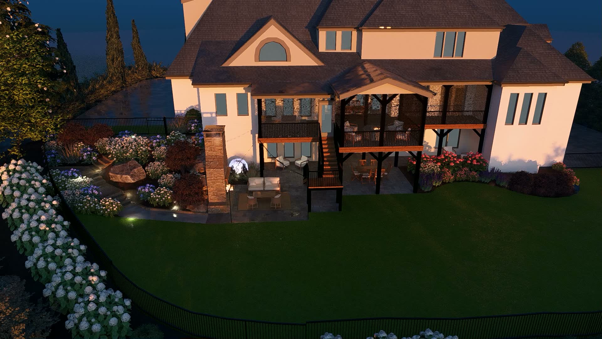 Elevated view of a proposed garden retreat residence with covered deck and garden beds
