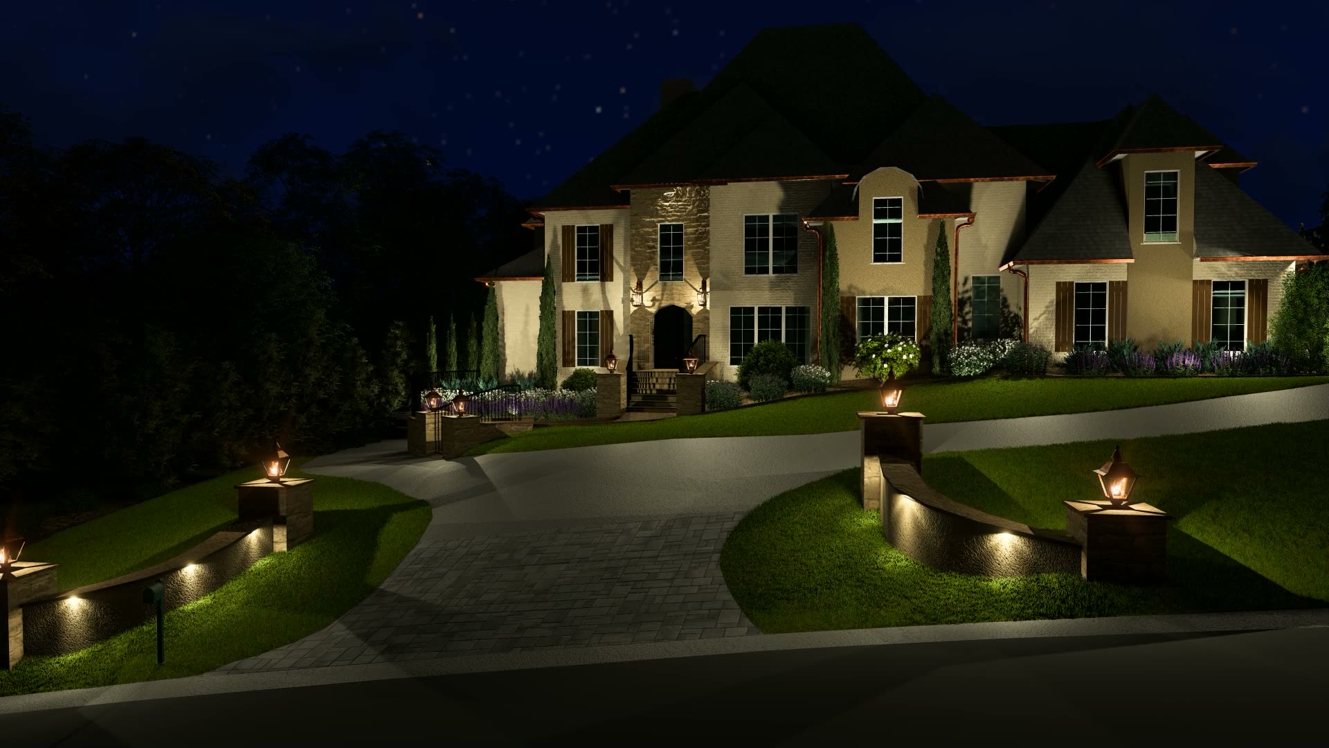 Torch-lit front approach and facade of a proposed grand estate