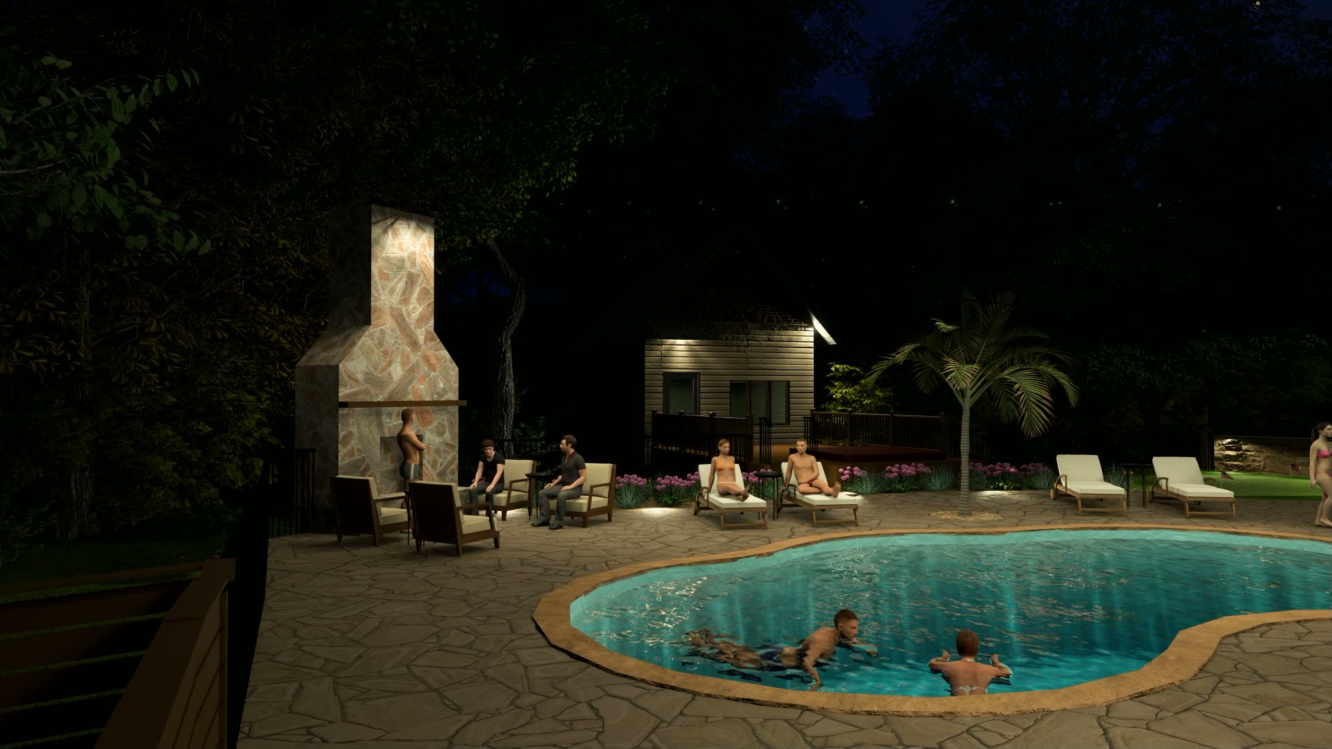 Outdoor stone fireplace, kitchen and pool at a proposed grand estate