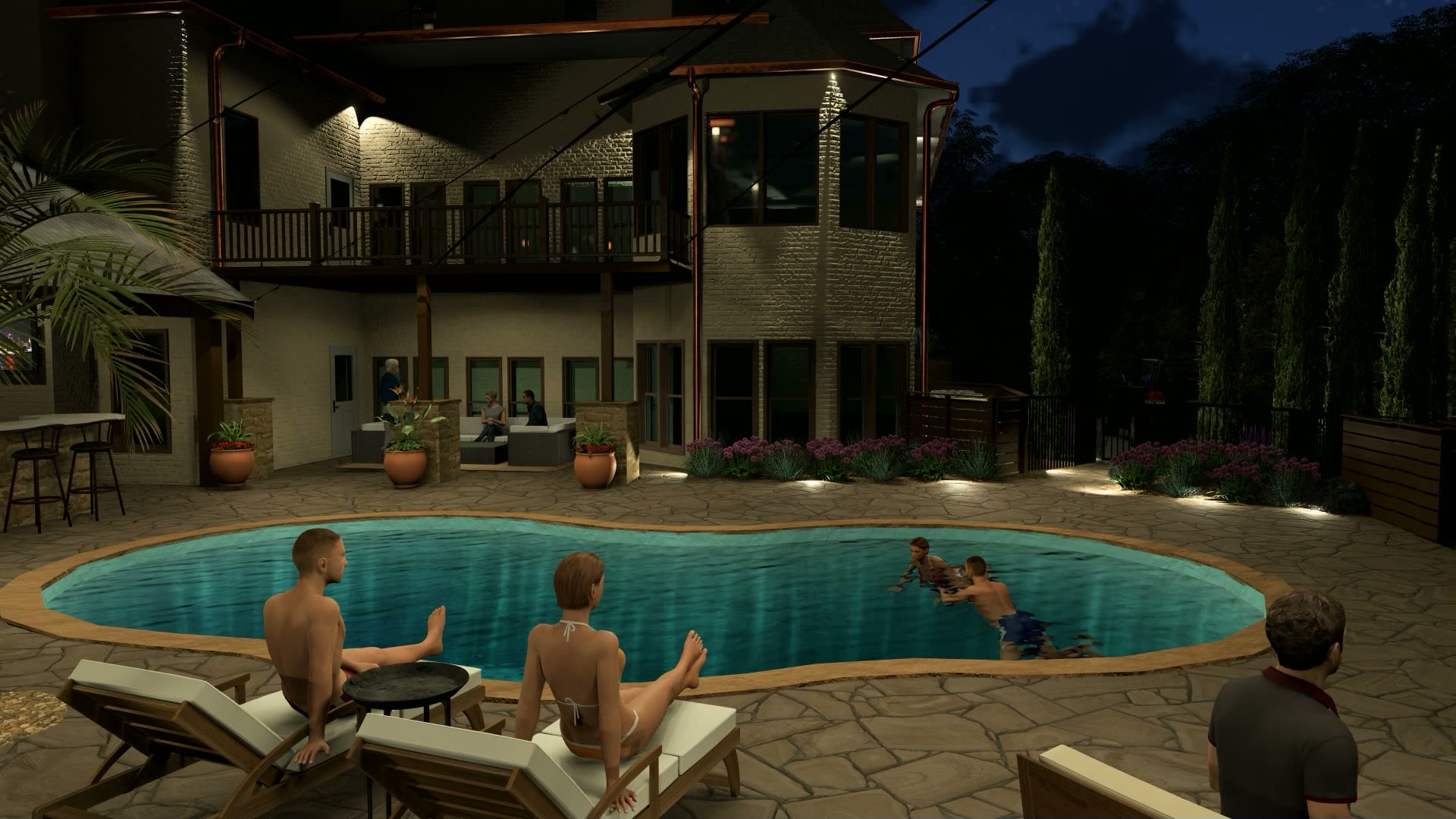Freeform pool and lounge terrace at a proposed grand estate
