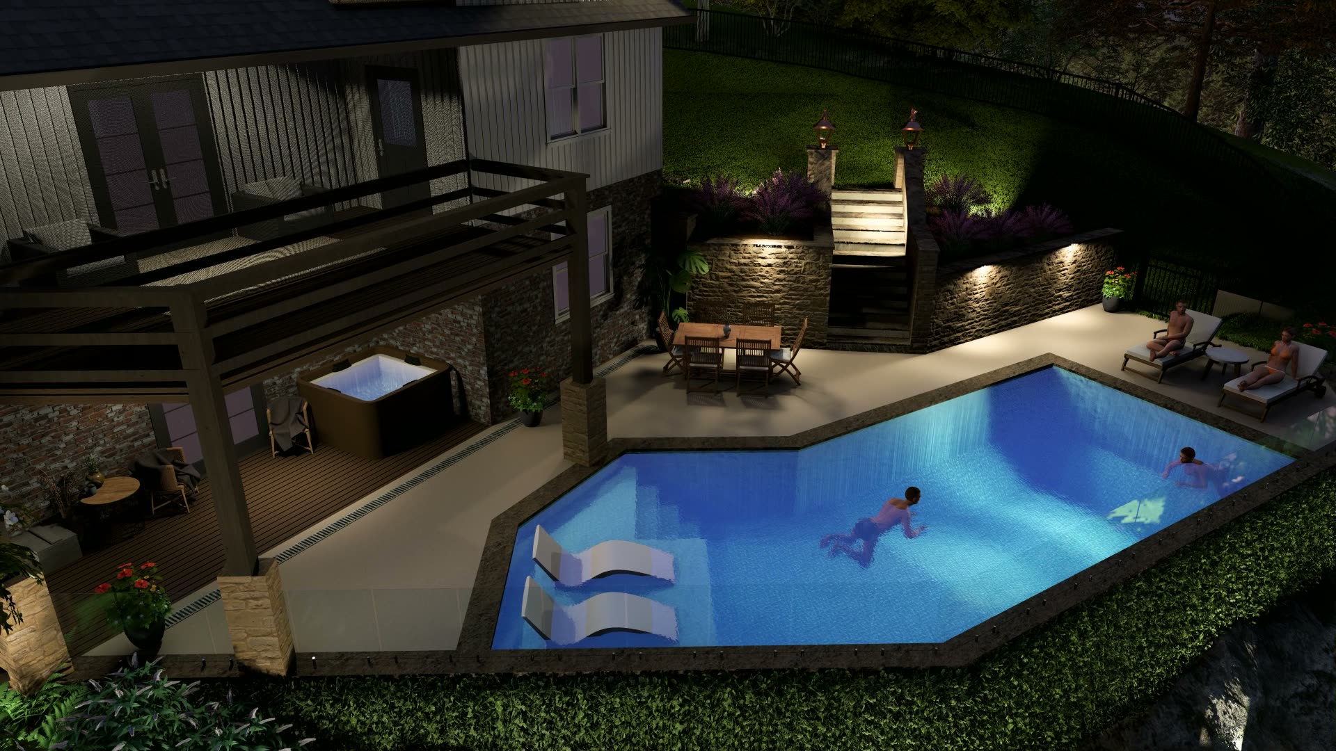 Terraced pool and dining area at a proposed hillside retreat