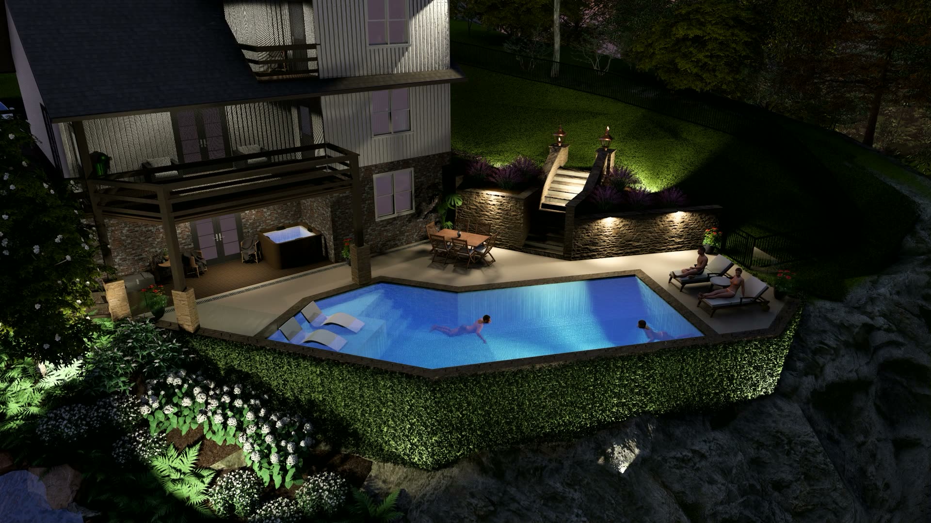 Spillover pool with lounge seating at a proposed hillside retreat