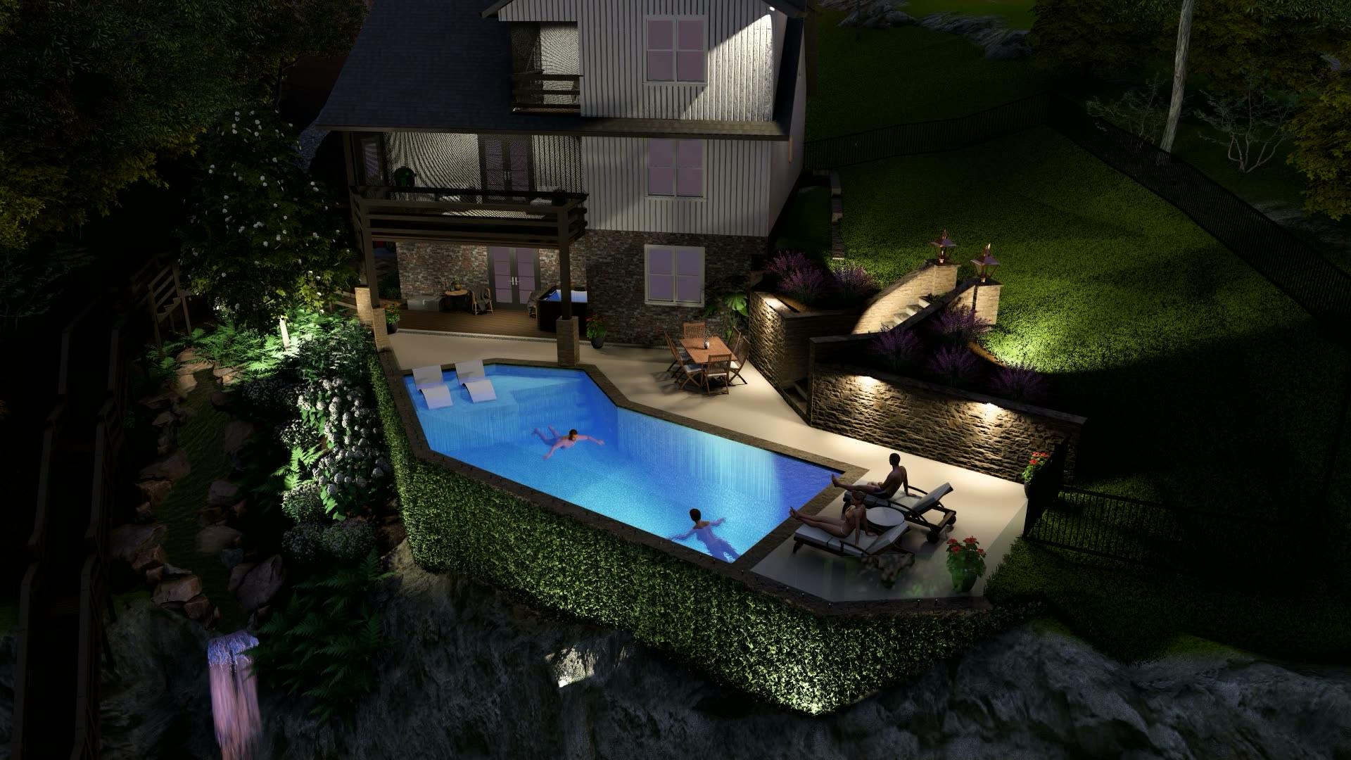 Elevated pool, spa and waterfall at a proposed hillside retreat