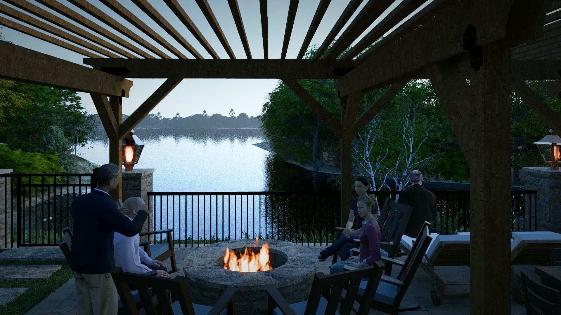 Fire pit gathering beside the water at a proposed lake house