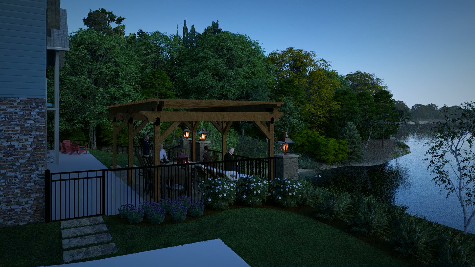 Covered lakeside pergola and patio at a proposed lake house