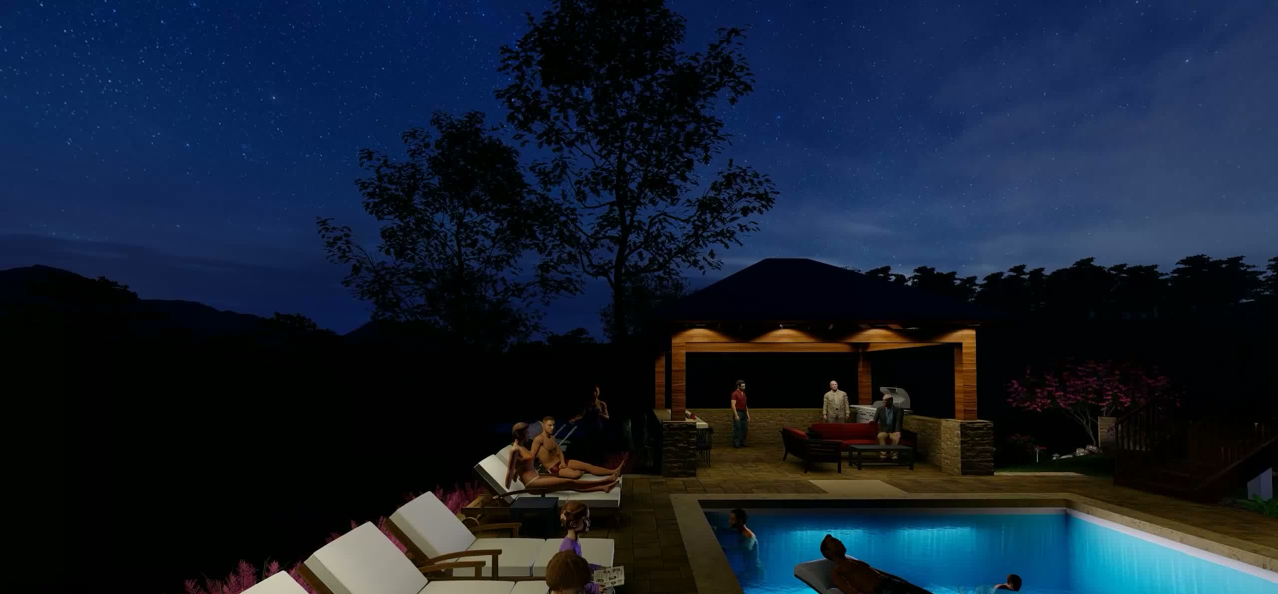 Pool terrace lit for evening at a proposed mountain estate