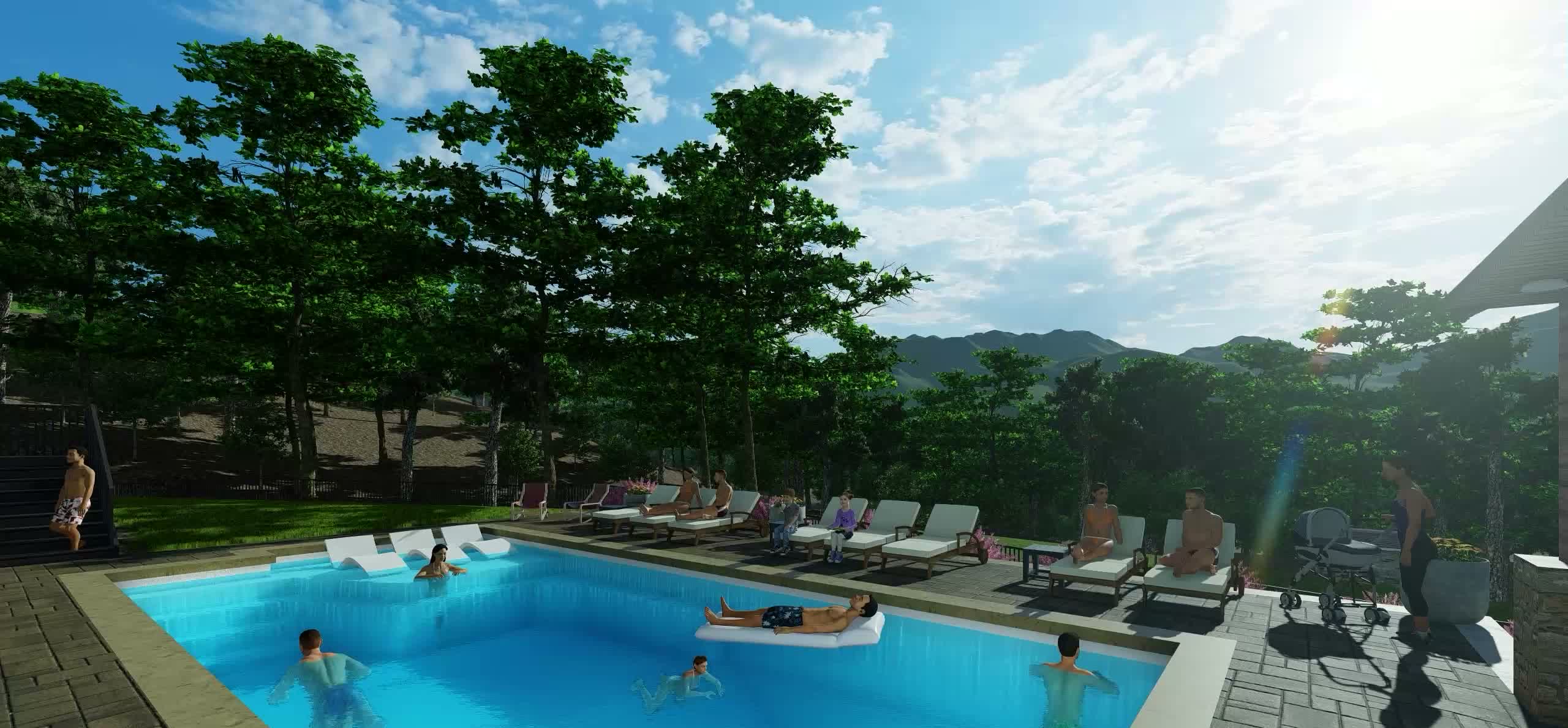 Pool terrace framed by mountain views at a proposed mountain estate