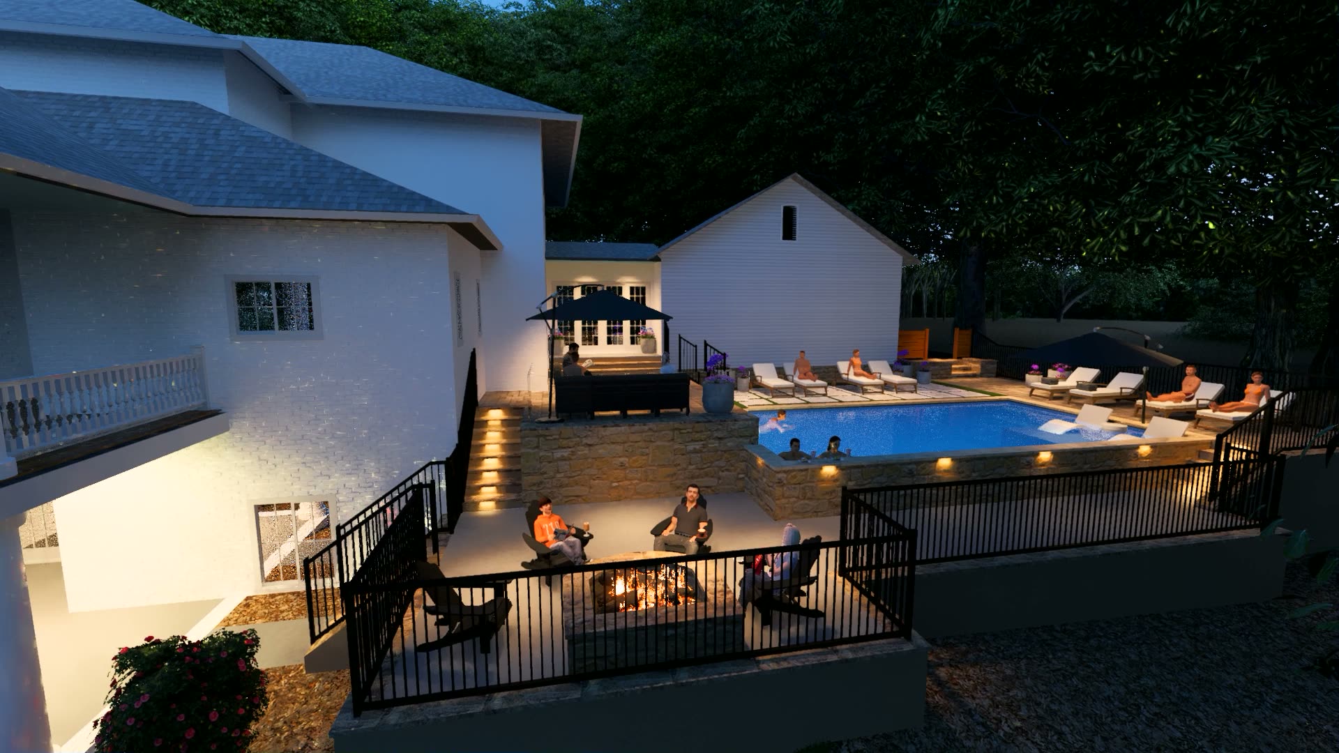 Fire pit gathering area beside the pool at a proposed poolside retreat