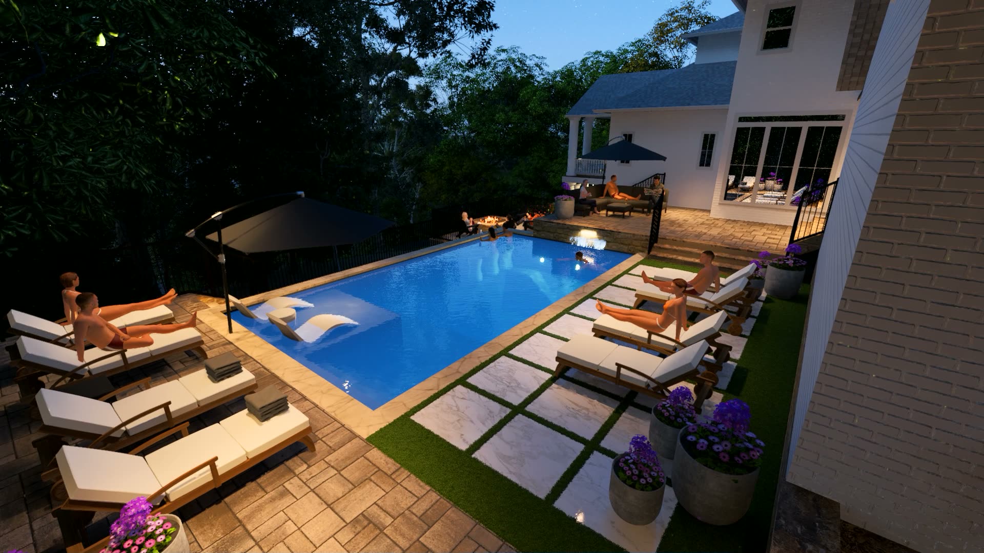 Elevated view of a proposed poolside retreat, residence and multi-level terrace