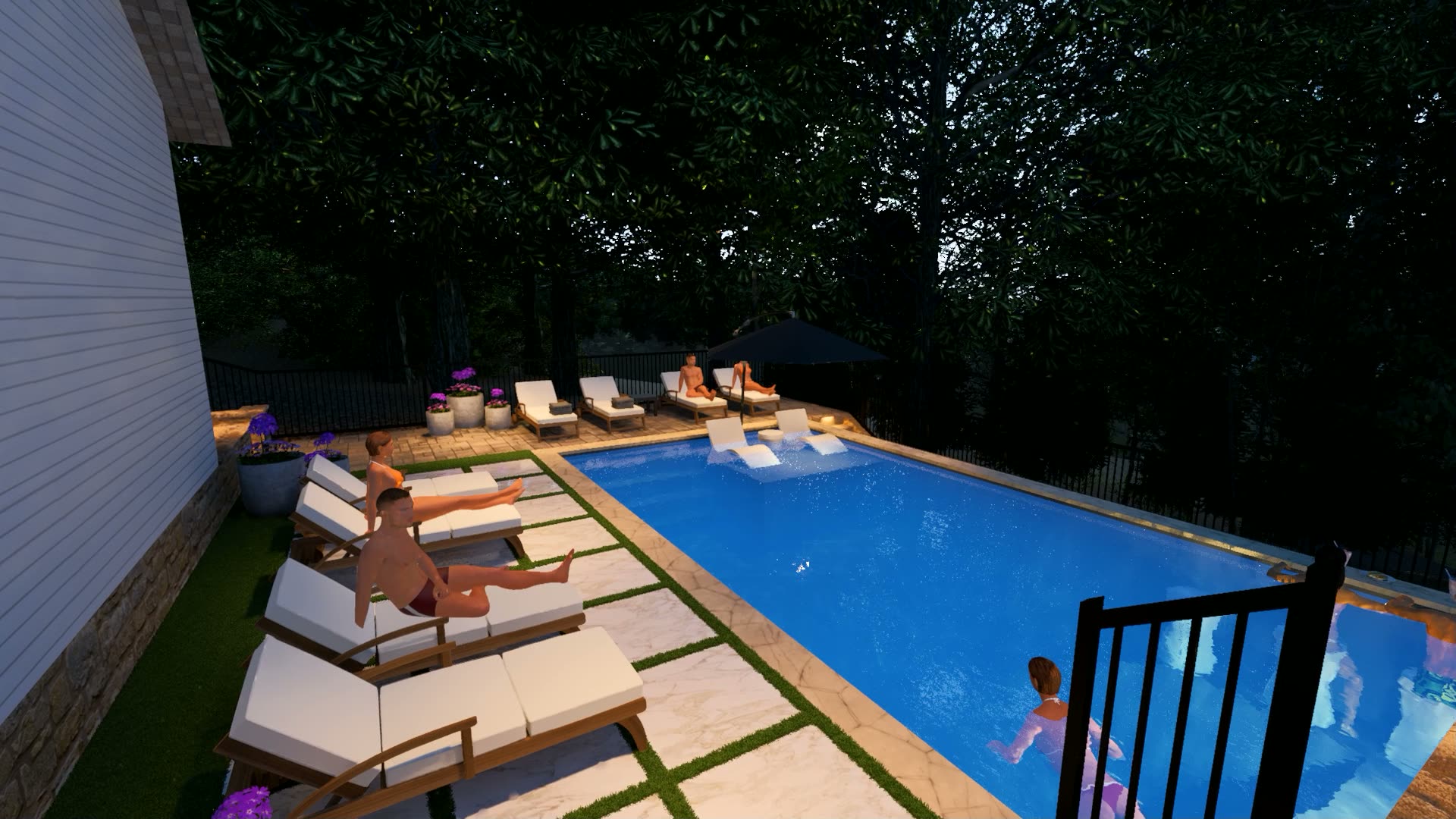 Pool deck with lounge chairs and umbrella at a proposed poolside retreat
