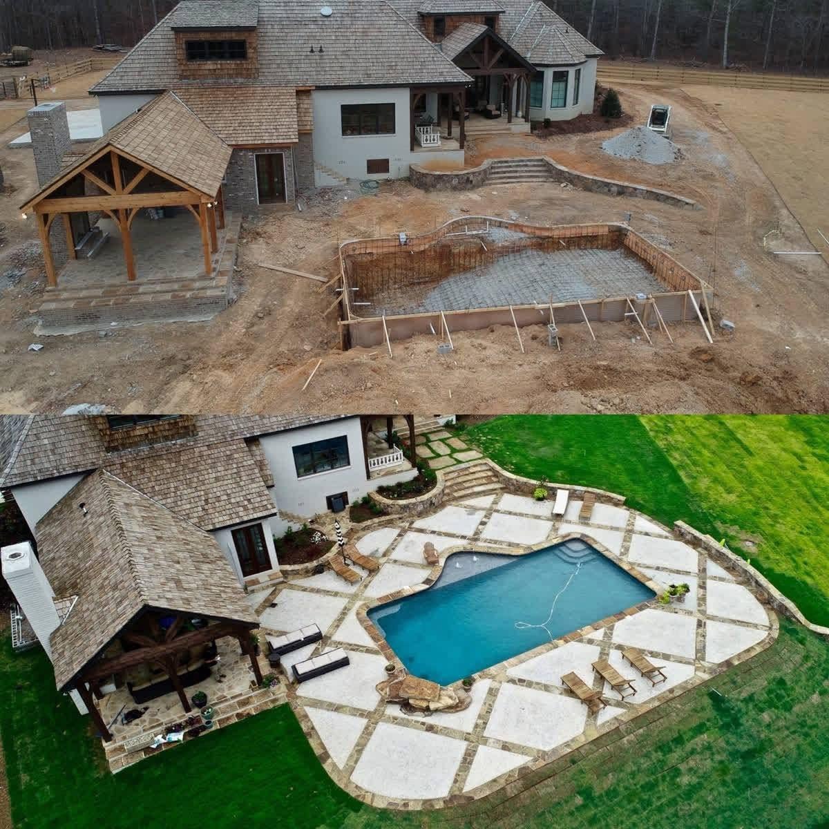 Aerial before-and-after documentation of a DSLD pool and outdoor living project