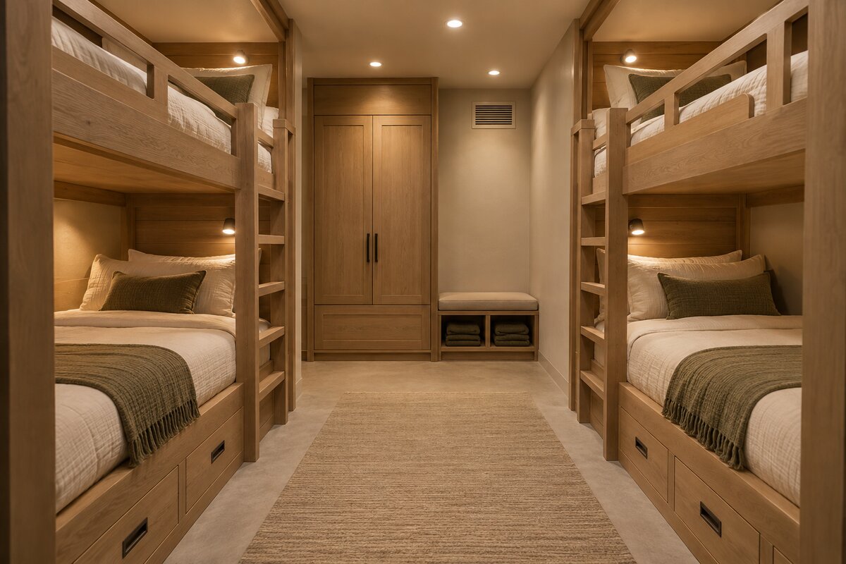 Concept visualization of a built-in bunk room inside a storm shelter, with matching bunk beds along both walls and a central wardrobe