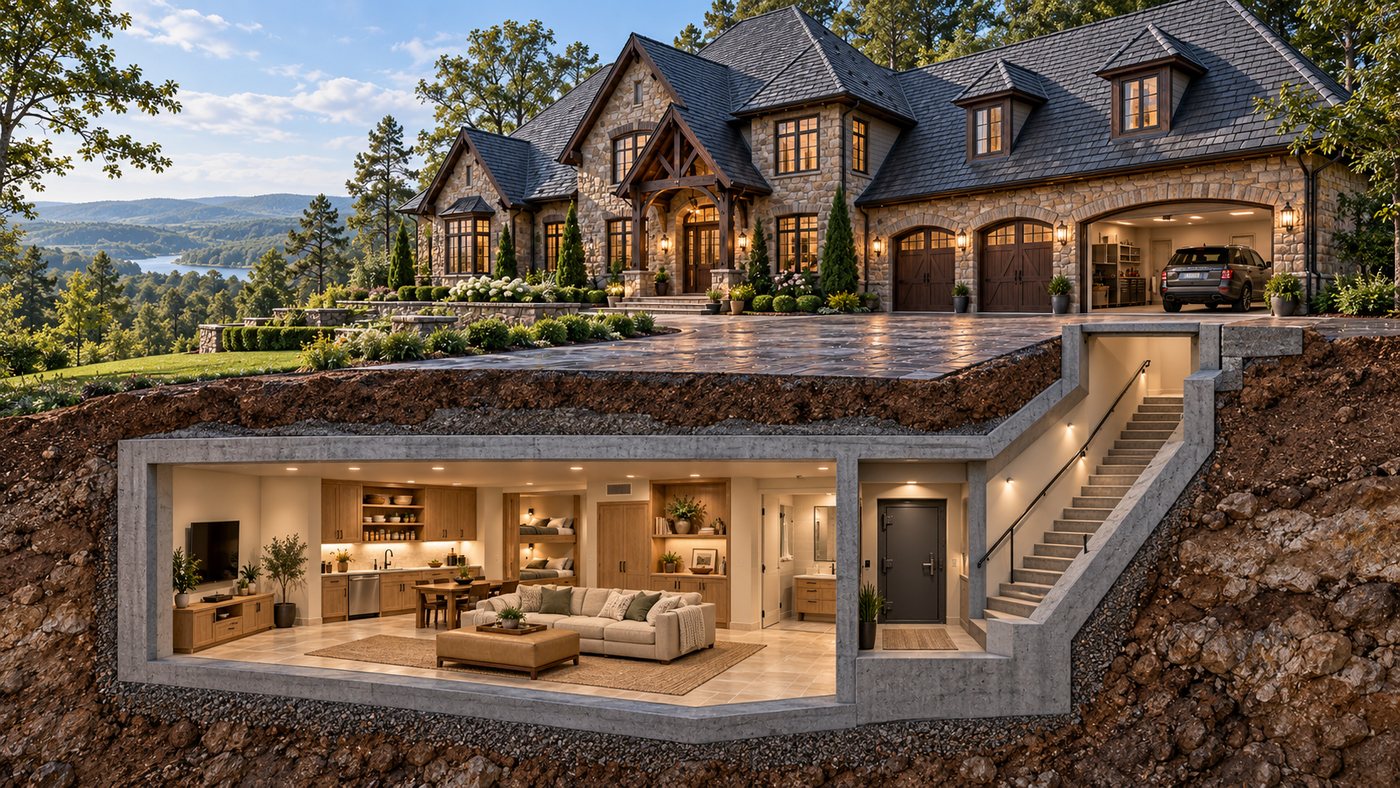 Concept visualization of an underground storm shelter beneath a large estate home, showing the entrance, staircase and shelter space
