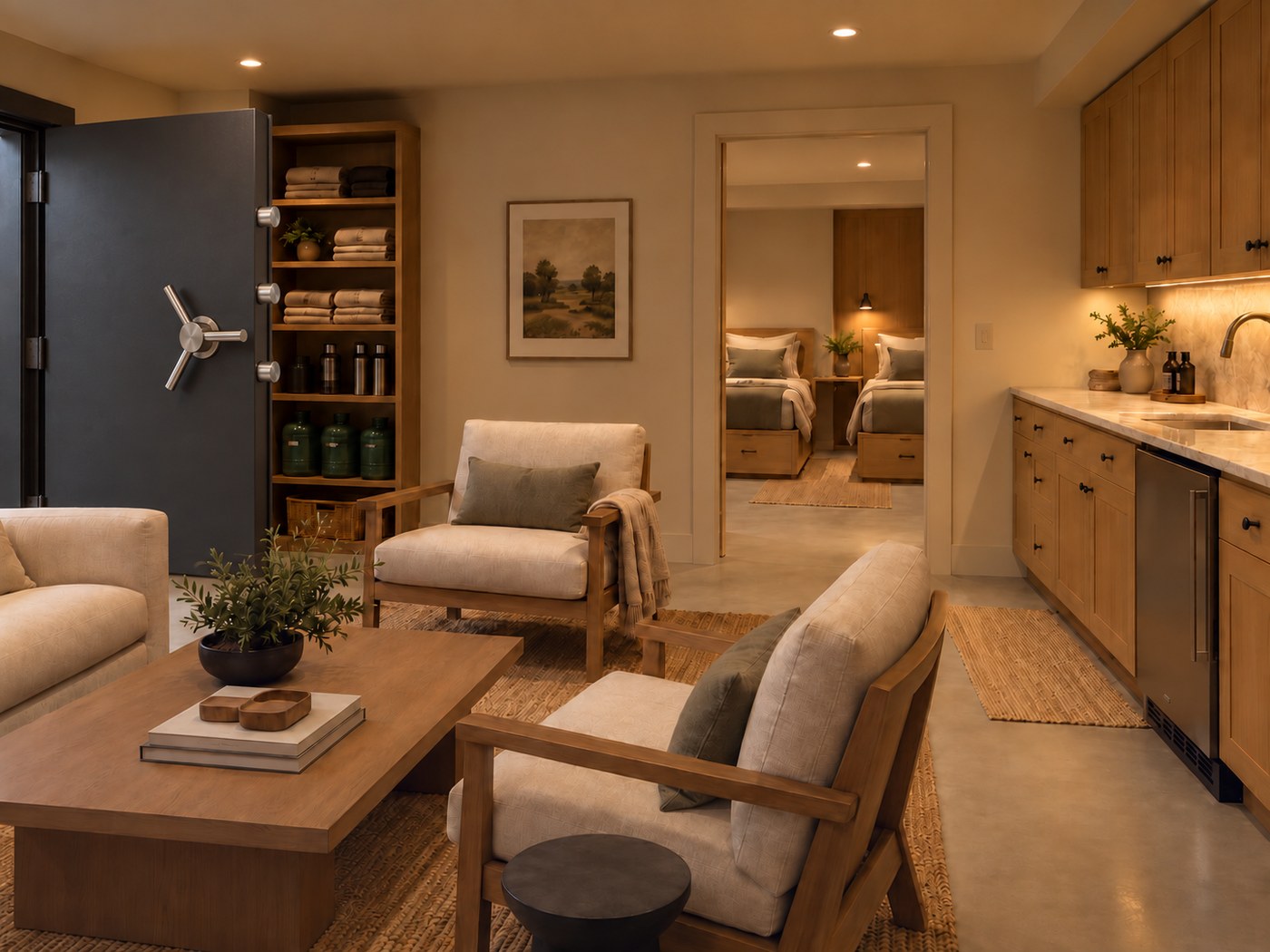 Concept visualization of a spacious finished storm shelter suite behind a wide steel vault door with a three-spoke handle and locking bolts, showing a living area, kitchenette and a bedroom visible through an interior doorway
