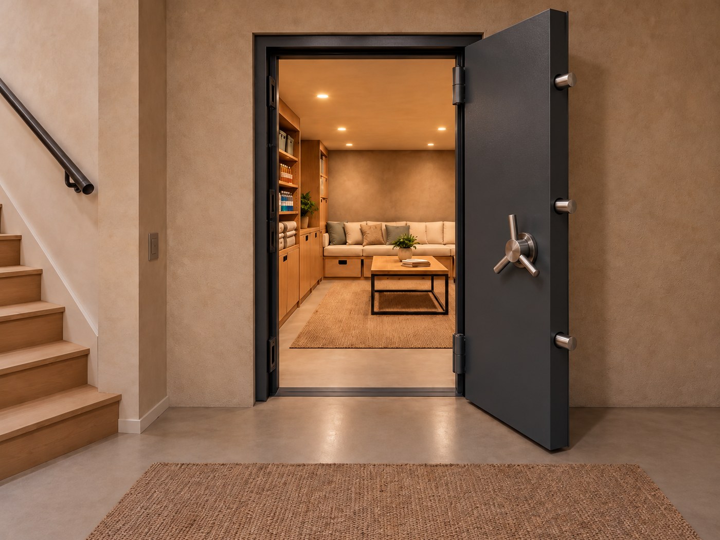 Concept visualization of a storm shelter entrance beside a staircase, with an open steel vault door showing a three-spoke handle and locking bolts, leading into a finished, furnished family shelter space with a sofa and built-in storage