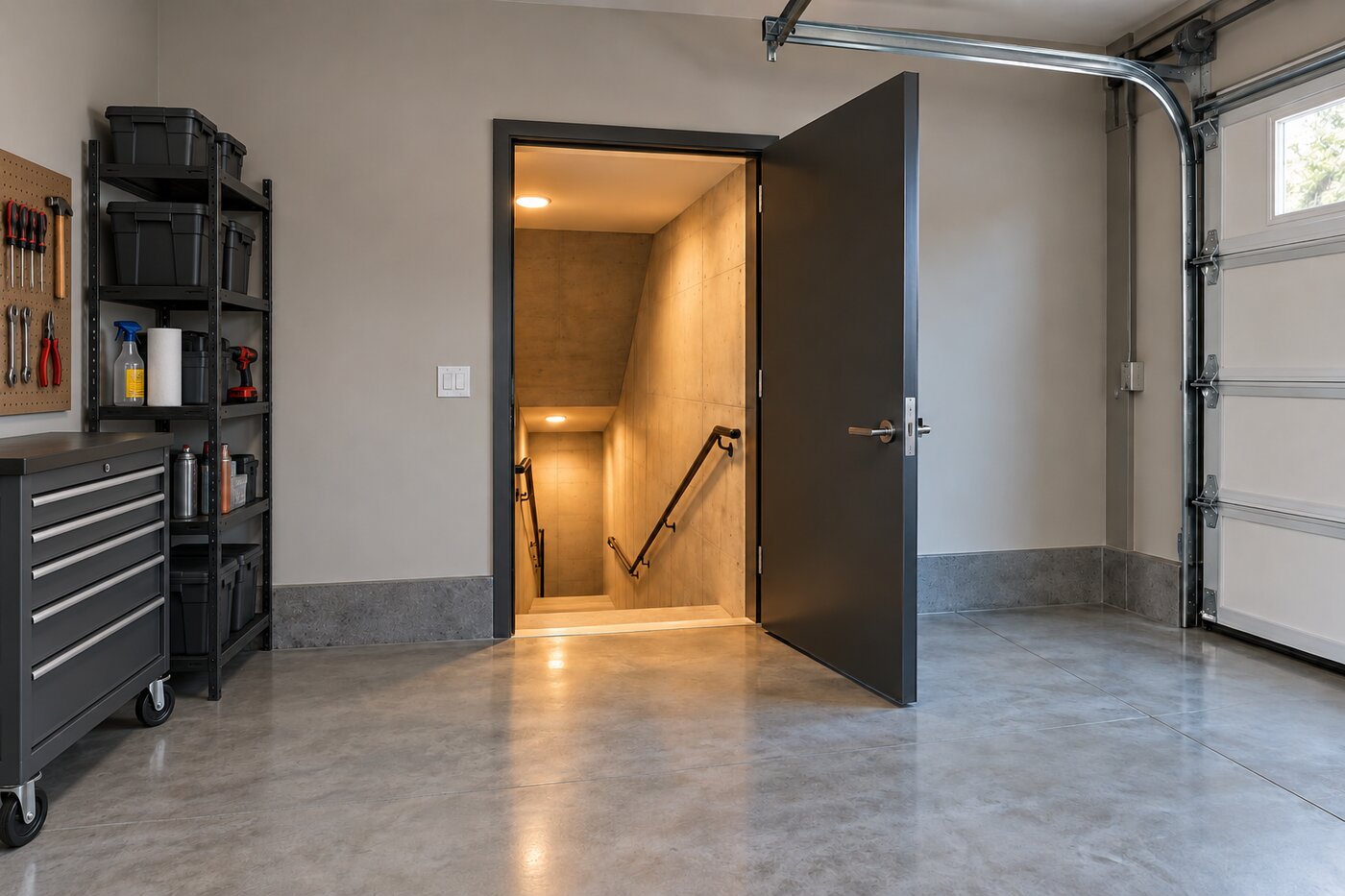 Concept visualization of a garage interior with steel storage shelving and tools, and an open steel door revealing a stairwell down to a storm shelter