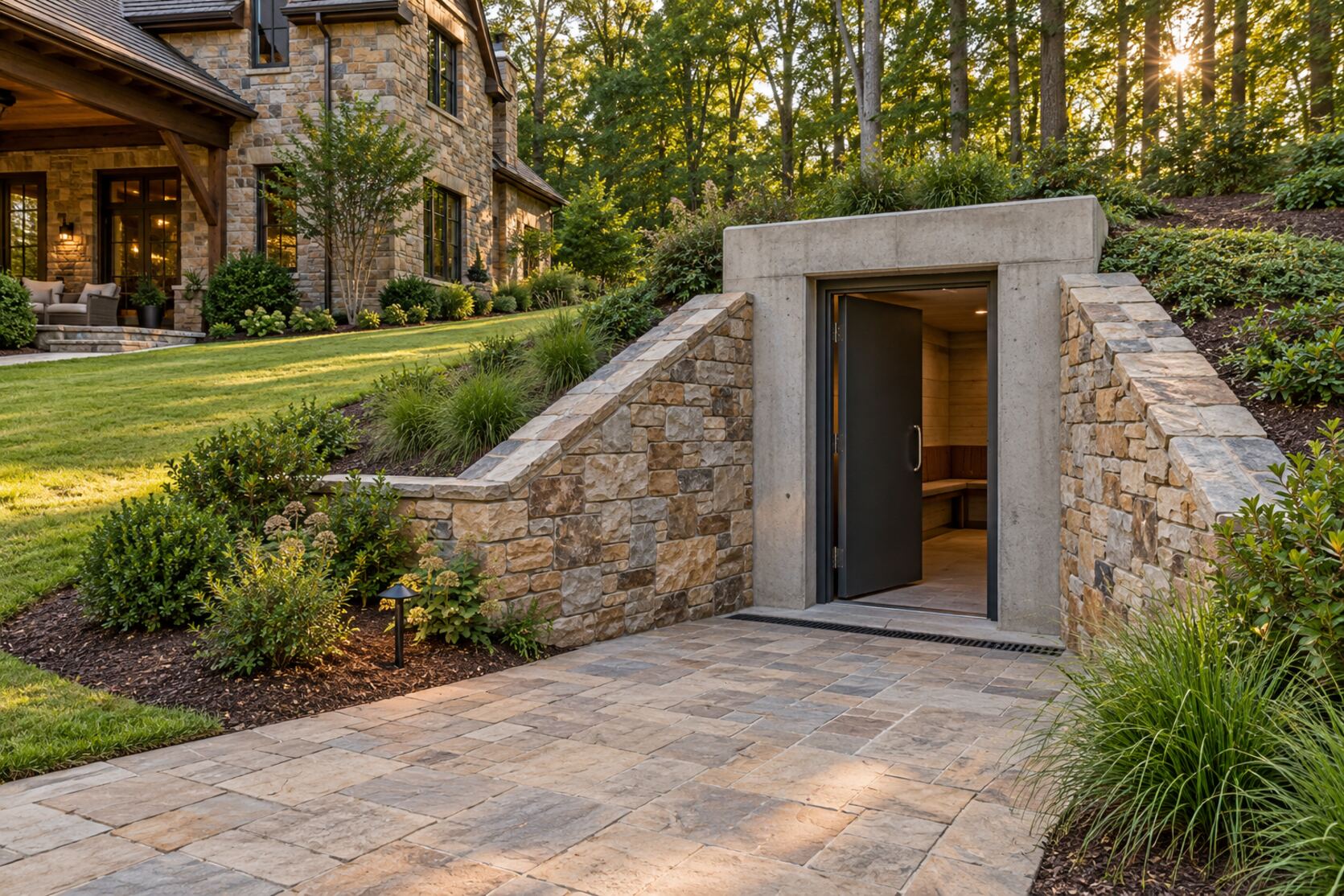 Concept visualization of a storm shelter entrance built into a landscaped hillside, with natural stone wing walls, planting and a paver walkway leading to a charcoal steel door