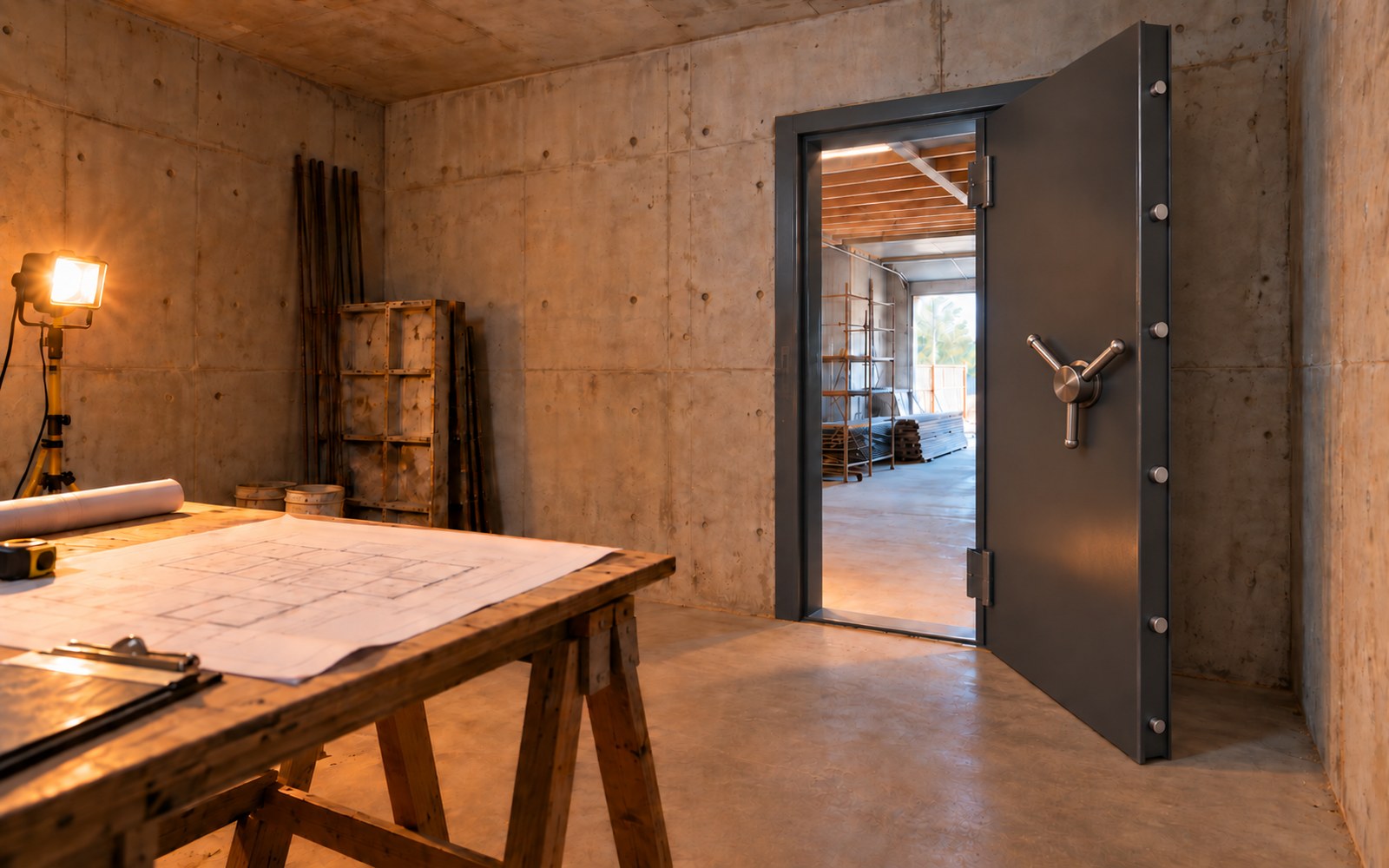 Concept visualization of a finished concrete safe room with an engineer's drafting table and blueprints, opening through a heavy steel vault door onto the home's active construction site